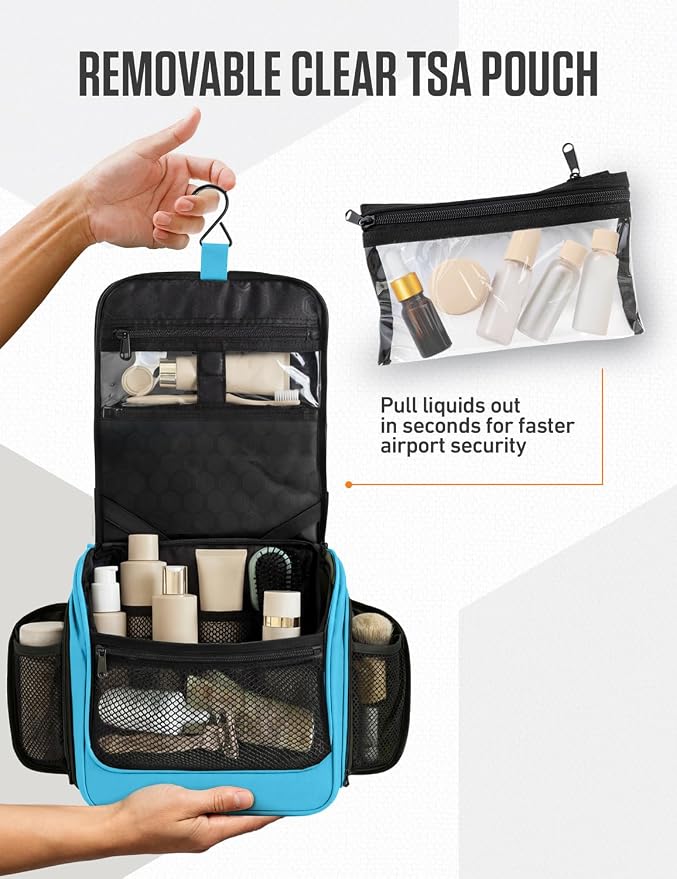 VENTURE 4TH Hanging Travel Toiletry Bag, 18 Compartments - Light Blue | Hangs on rails, hooks or doors; stands upright. Removable TSA pouch. Water-resistant Nylon 290D Twill, reinforced stitching. - Image 9