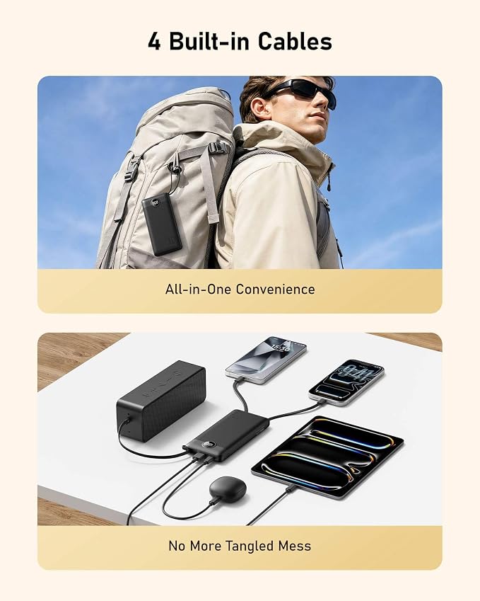 VEEKTOMX 10000mAh Portable Charger with 4 Built-in Cables | Slim Power Bank, USB-C Battery Pack with iPhone & Micro USB, TSA Approved Travel Charger for iPhone, Samsung, Android, Black - Image 4