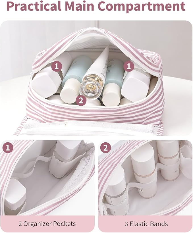 Narwey Small Hanging Toiletry Bag for Travel Women Girl, Striped Toiletries Travel Bag with Hook, Hanging Makeup Bag Organizer Make Up Cosmetic Bags, Gifts for Kids Teen (Dusty Pink Stripe) - Image 4