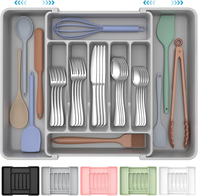 ukeetap Extra Large Expandable Silverware Organizer, Flatware Tray,Gray | BPA-Free Food-Safe Kitchen Utensil Cutlery Drawer Organizer, Adjustable Silverware Holder for Spoons Forks Knives by ukeetap