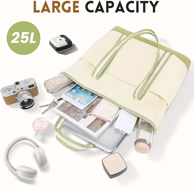 Large Canvas Tote Bag for Women, Beach Bag with Zipper, Utility Tote Bag with 3 Front Pockets, Weekender Pool Bag - Image 3