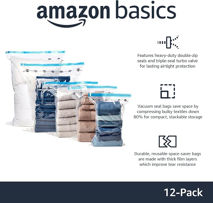 Amazon Basics Vacuum Storage Bags with Hand Pump for Travel, Space Saving Compression Bags for Clothes and Blankets, Clear, 12 Pack (3 Small, 3 Medium, 3 Large & 3 Jumbo) - Image 2