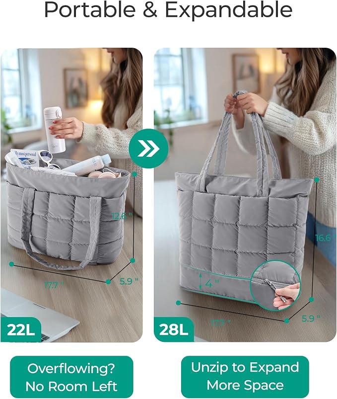 BAGSMART Expandable Tote Bag for Women, Puffer Work Tote Travel Bag | Quilted Carry On Bag for Travel Work Gym College, Waterproof Travel essentials - Image 8