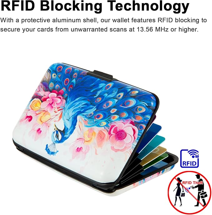 Credit Card Holder for Women Men RFID Blocking Wallet Small Business Metal Slim Mini Aluminum Hard Case (Watercolor Peacock) - Image 3