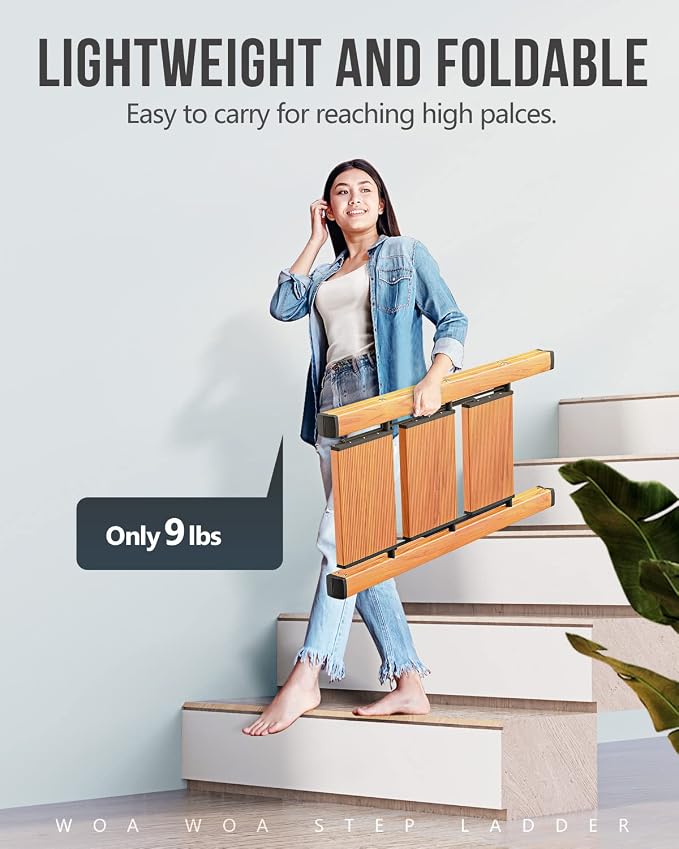 3 Step Ladder, Foldable Step Stool, 300lbs Load, Wood Grain | Folded 36''H x 3''T; Net 9 lbs; Rigid Aluminum Steps; No Assembly; For Home, Kitchen, Office, Pantry, Closets, Cabinets - Image 3