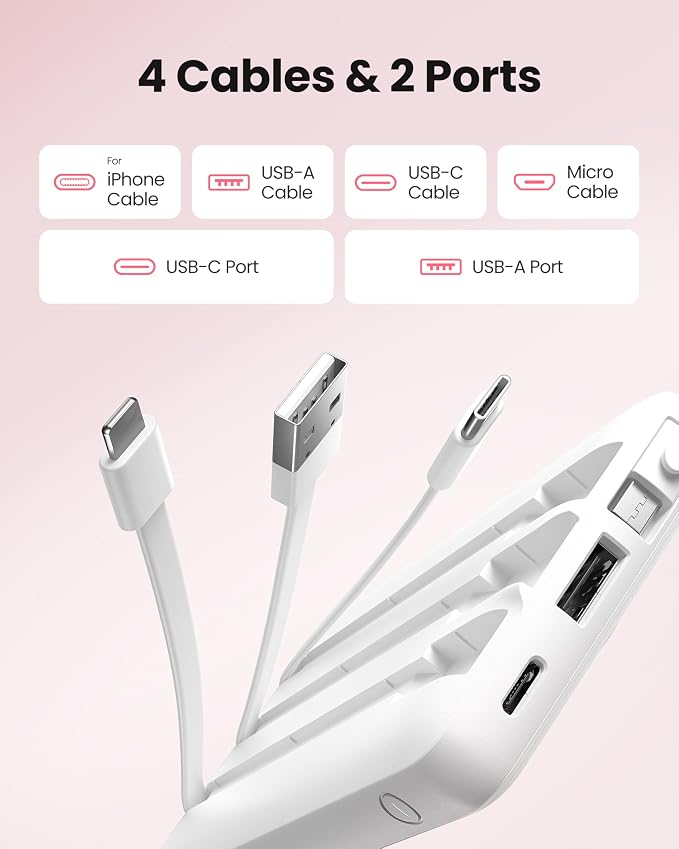 Portable Power Bank, 10000mAh Slim Portable Charger with Built-in Cables, External Battery Pack 5 Outputs 2 Inputs LED Display Compatible with iPhone/Android & More (White) - Image 2