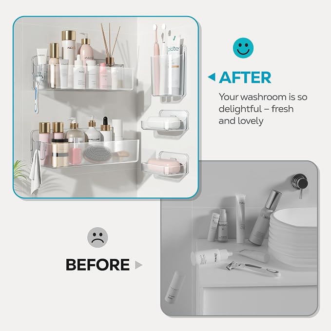 Nieifi Adhesive Shower Shelves, Clear, 5 Pieces | Rustproof ABS, Large Capacity, Removable Design, Easy-Clean, No Drilling Shower Organizer for Bathroom Storage & Home Decor - Image 8