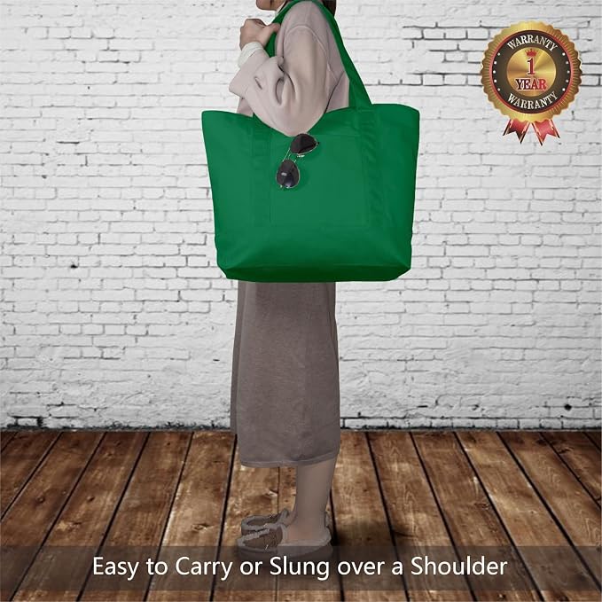 TOPDesign 1-Pack Canvas Tote Bag with an External Pocket, Reusable Grocery Shopping Bag, Top Zipper Closure, Daily Essentials (Green) - Image 2