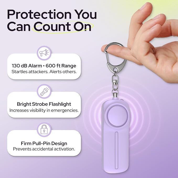 Weten Personal Safety Alarm Keychain - 130dB Siren, LED Light, Panic Pin – Compact Self-Defense Device and Emergency Whistle Alternative for Women, College, Travel, and Night Walk Protection (Purple) - Image 2