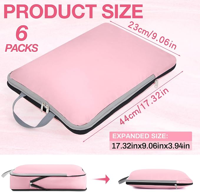 Hosuly 6 Pcs Large Ultralight Compression Packing Cubes for Travel 17.3 x 12.6'' XL Large Expandable Luggage Storage Organizers for Save Space Family Long Trips (Pink) - Image 2