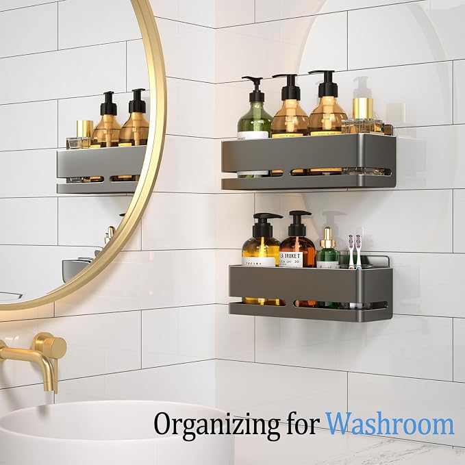 Shower Caddy 2-Pack Shower Shelf, Heavy-Duty Bathroom Storage Shelf | Large Capacity No-Drill Bathroom Organizer, Gray Aluminum Storage Basket, Adhesive Installation - Image 3