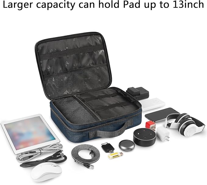 MATEIN Cord Organizer Travel for Men, Large Travel Accessories Changer Case | Portable, Double Layers Cable Organizer Box for Cables, Cell Phone and Tablet (Up to 12.9inch), Navy Blue, Tech Gifts - Image 3