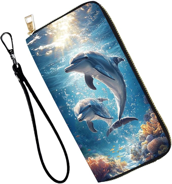 Women's RFID Blocking PU Leather Zip-Around Wallet, Large Capacity Clutch with Phone Holder, Travel Purse & Card Organizer with Removable Wristlet,Cute Dolphins by Unknown