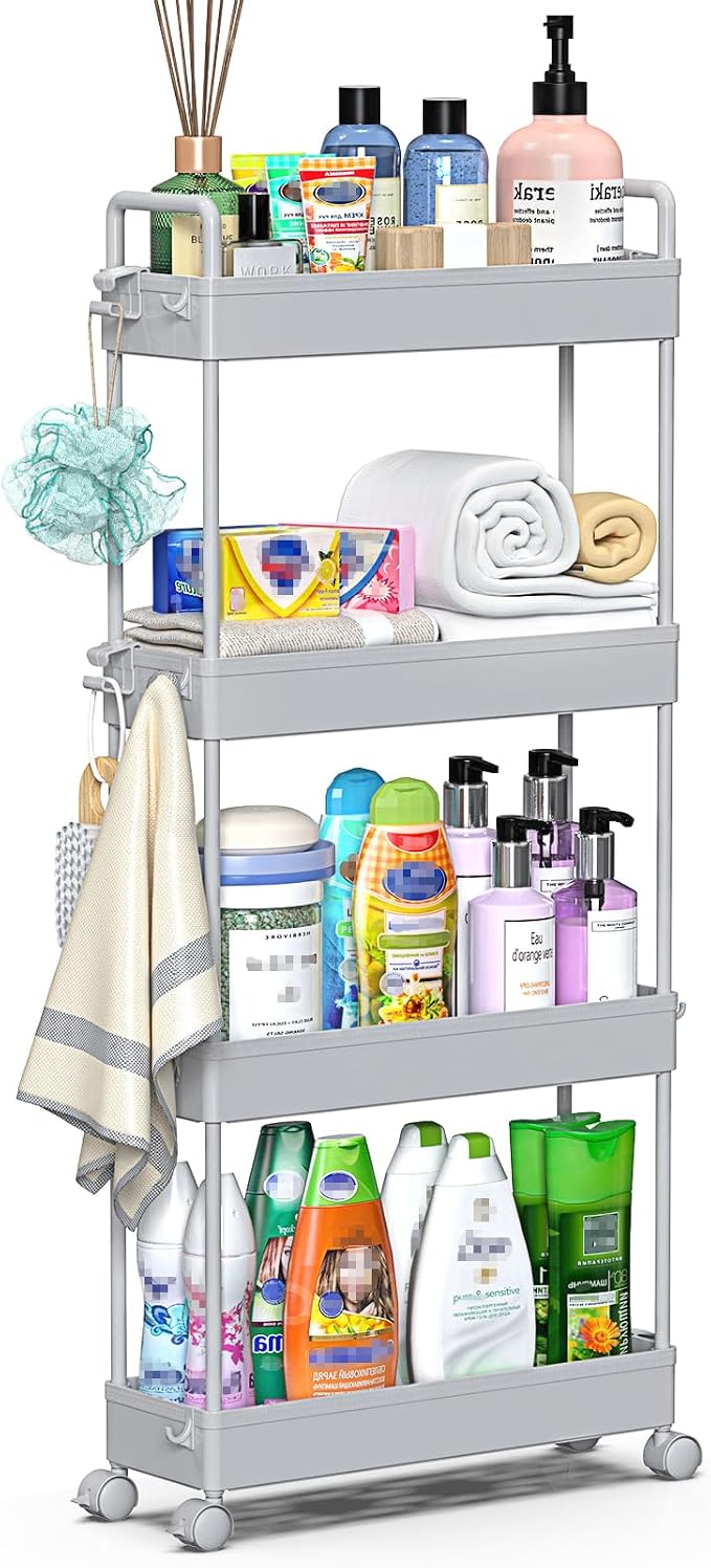 SOLEJAZZ Slim Rolling Storage Cart Skinny Bathroom Organizer, 4 Tier, Gray | Thin utility cart with wheels for bathroom, laundry room, bedside, kitchen, dorm, office, next to fridge, small narrow places - Image 7