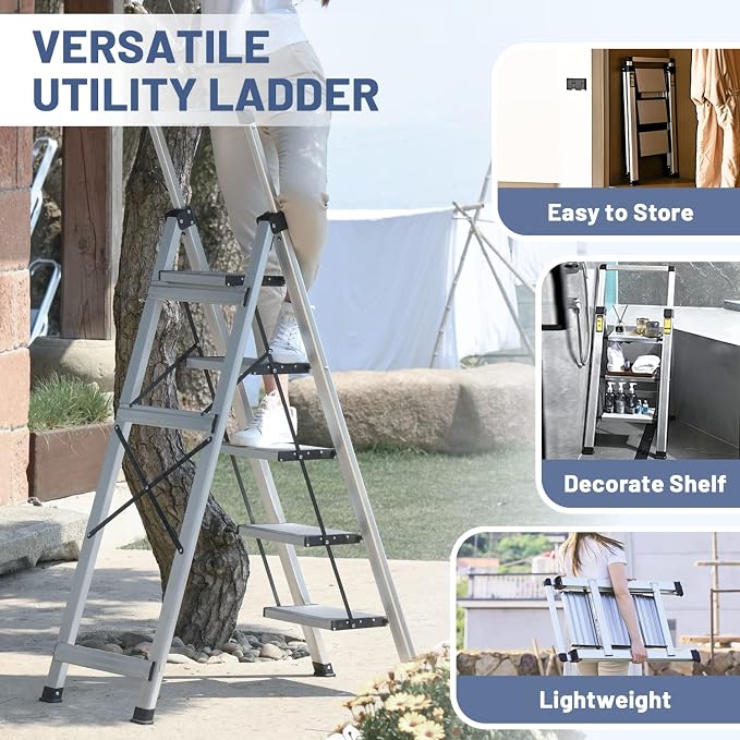 5 Step Ladder, Aluminum Folding Stool with Retractable Handgrip | 330 lbs Heavy Duty | Slim 2.5" Fold | Removable Tool Tray | Non-Slip Pedals | For Tall Cabinets, Ceiling Cleaning & Garage - Image 7