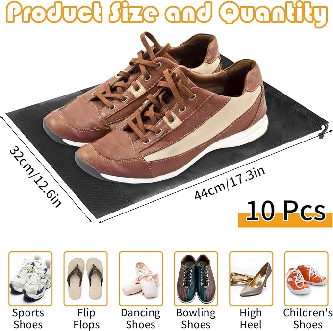 Black Travel Shoe Bags - 10 Pcs Non-Woven Packing Bags with Clear Window | 15.7" x 11.8" Waterproof Dustproof Portable Travel Shoe Storage Bag for Men and Women - Image 2