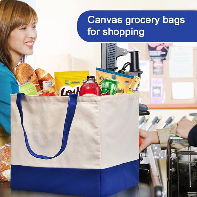 3 Pack Canvas Reusable Grocery Bags Heavy Duty, 8.3 gal Foldable Large Tote Bag with Handles, Holds 60 lbs Canvas Shopping Bags & Washable Eco-friendly Bags with 5 Pockets, Blue+Off White - Image 6