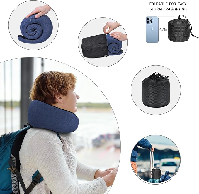 Neck Travel Pillows for Airplanes Memory Foam Neck Comfort Pillow Compact Ergonomic Design Sleeping Essentials for Long Flights Car Rides and Home Use (Blue) - Image 4