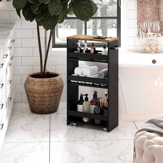 TEAMIX Slim Rolling Storage Cart, Wood 4-Tier Narrow Kitchen/Laundry Cart | 7.9"W Thin Cabinet with Wheels and Handle, Use as Spice Rack Next to Fridge, Laundry Room Organization Between Washer & Dryer - Image 6