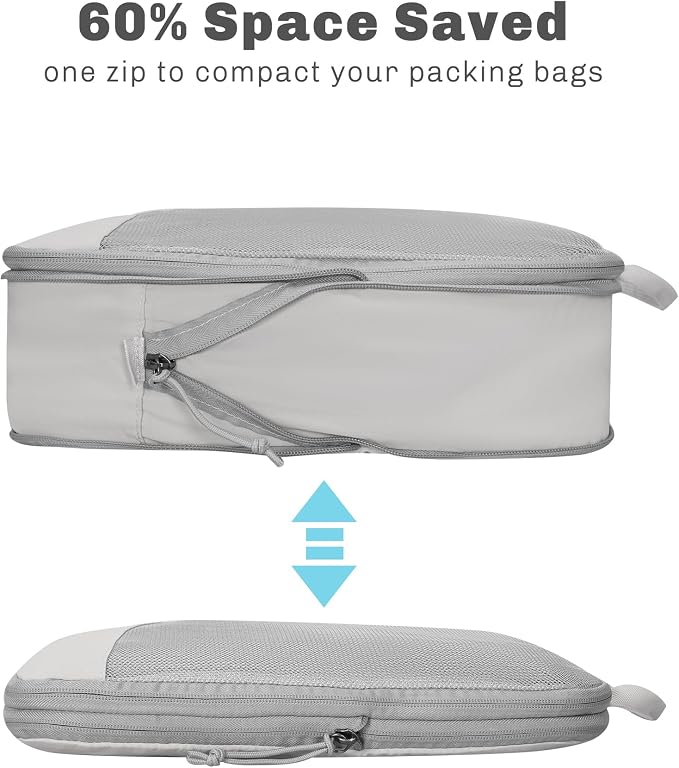 6 Set/ 4 Set/ 2 Set Compression Packing Cubes Travel Essentials Lightweight Nylon Luggage Suitcase Organizer Bag Light Grey 4PCS - Image 5