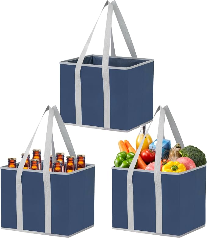 VENO 3 Pack Reusable Grocery Shopping Bags Utility Tote w/Sturdy Handles | Heavy Duty Storage Box with Hard Bottom, Foldable Picnic Basket for Groceries Shopping Cart Trunk Organizer(Blue, 6 Gallon) by Veno
