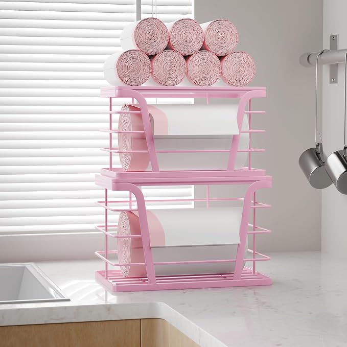 TIDIIABODE 2 Pack Pink Trash Bag Holder - Stackable Garbage Bag Dispenser with Bamboo Top, Kitchen Accessories & Decor, Wall Mount Storage for Kitchen, Home, Bathroom Decor & Gifts - Image 6