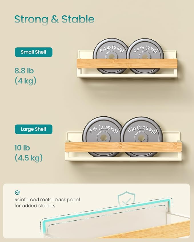 SONGMICS 4-Pack Strong Magnetic Real Bamboo Spice Racks for Fridge | Kitchen Organizer Shelf, 11.8 x 4.1 x 3 / 10.6 x 3.6 x 3 in, Cream White and Light Bamboo, BYSTRO Collection, UKCS062WD01 - Image 4