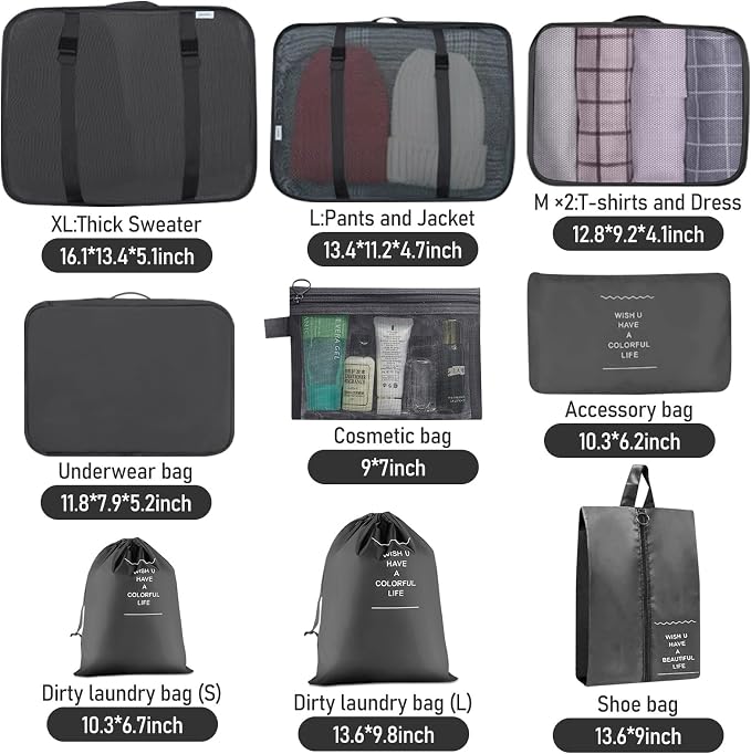 Packing Cubes for Travel- 8 Set Luggage Organizer Bags for Family, Mesh Breathable Travel Packing Cubes for Suitcases Durable Travel Essentials Bags Set (Black, 10 Set) - Image 6