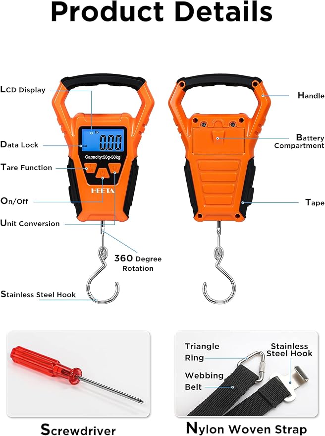 HEETA Waterproof Fish Scale Digital Hanging Fishing Luggage Weight Scale | Up 110lb/50kg Portable Scale with Backlit LCD Display, for Home & Outdoor, Measuring Tape and 2 AAA Batteries Included - Image 3