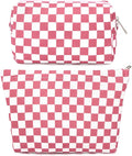 SOIDRAM 2 Pcs Checkered Makeup Bag Large Cosmetic Bag Toiletry Bag Makeup Pouch Travel Bag Organizer Cute Makeup Brushes Aesthetic Accessories Storage Bag for Women Peach Pink by SOIDRAM