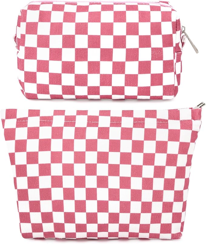 SOIDRAM 2 Pcs Checkered Makeup Bag Large Cosmetic Bag Toiletry Bag Makeup Pouch Travel Bag Organizer Cute Makeup Brushes Aesthetic Accessories Storage Bag for Women Peach Pink by SOIDRAM