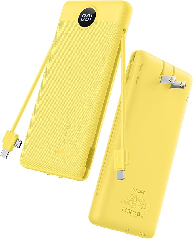 VRURC 10000mAh Power Bank, 22.5W USB C Portable Charger, Yellow | Built-in AC wall plug and cables, LED display, airline approved, slim 8 oz design by Home