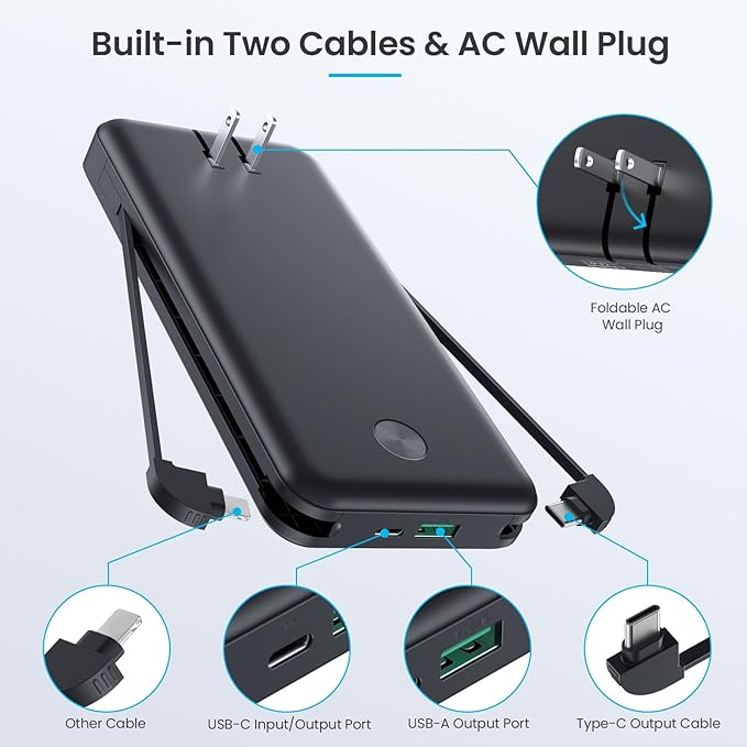 Portable Charger with Built-in AC Plug and Cables,13800mAh USB C Fast Charging Power Bank,Travel Essentials Portable Phone Charger Battery Pack for iPhone 17/16/15/14/13,Galaxy,Android-Graphite Black - Image 2