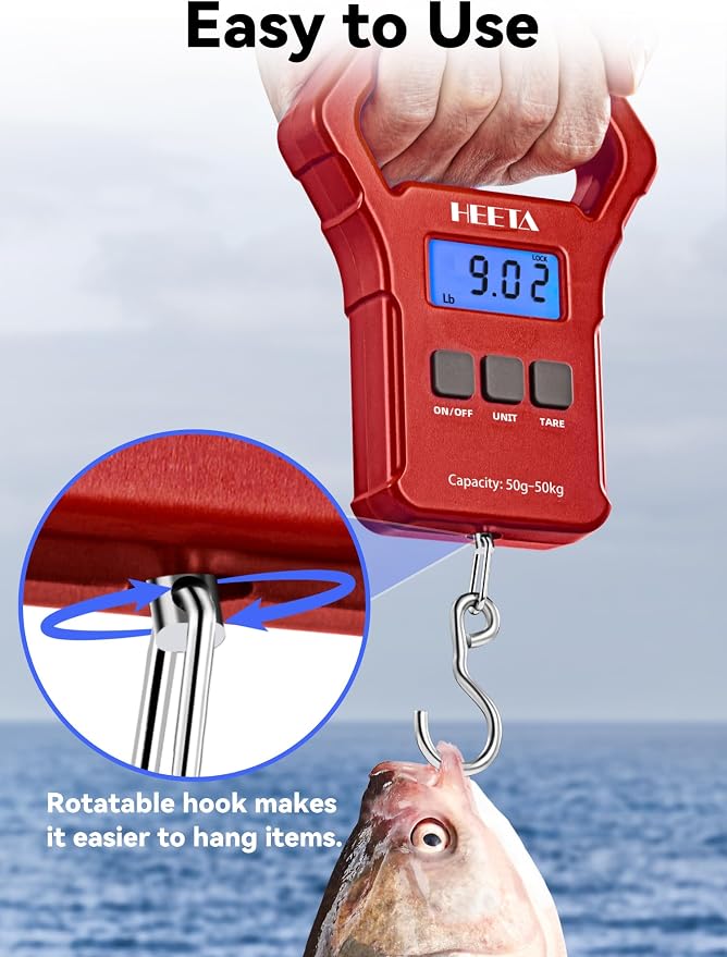 HEETA Fish Scale 110lb/50kg Digital Hanging Fishing Luggage Weight Scale | Portable with Backlit LCD Display, Hook & Non-Slip Large ABS Handle, Fishing Gifts Gear for Men, 2 AAA Batteries Included - Image 6