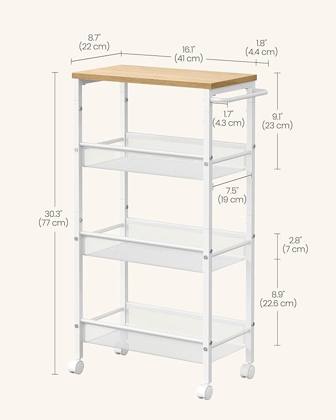 VASAGLE Slim Rolling Cart, 4-Tier, 8.7 Inches Deep, Steel Frame | Storage Cart with Handle, Narrow for Kitchen, Living Room, Golden Oak and Matte White, DACEY Collection ULRC033W09 - Image 6