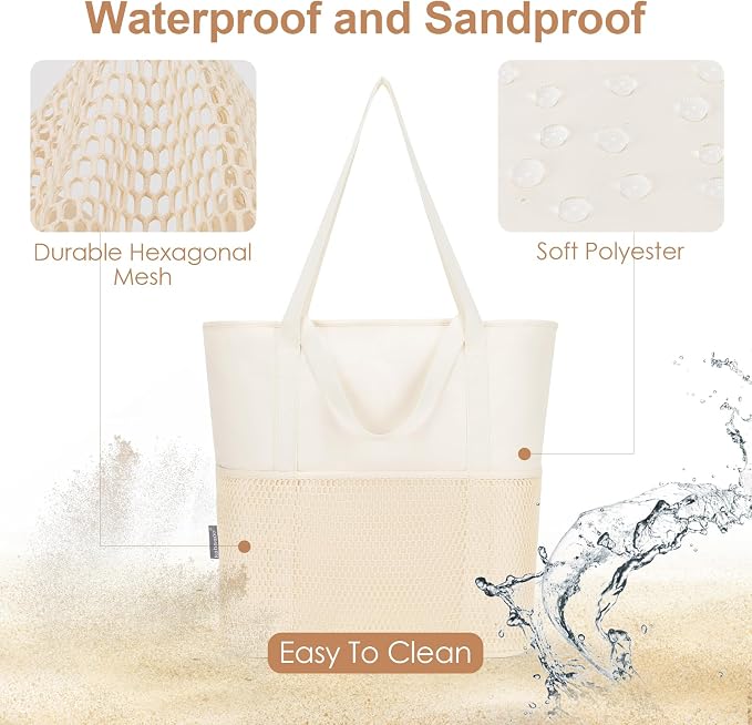 KABAQOO Large Beach Bag Waterproof Sandproof Tote Bag for Women with Zipper & Mesh Pockets for Pool Swim Travel Everyday | waterproof - Image 4