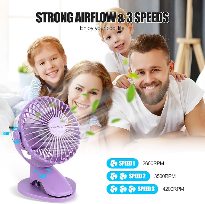 Portable Clip Fan Battery Operated,3 Speeds USB Rechargeable Mini Table Fan with Strong Airflow,360°Rotation Ultra Quiet Personal Desk Fan for Home Office Bedroom Dorm Stroller Camping(Purple) - Image 2