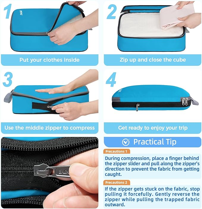 BAGAIL 4 Set/6 Set/8 Set Compression Packing Cubes Travel Accessories Expandable Packing Organizers (Cloth Pattern, 4-Blue) - Image 4
