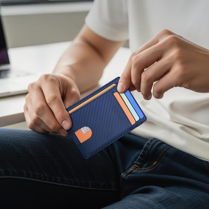 Buffway Slim Minimalist Front Pocket RFID Blocking Leather Wallets for Men and Women - Carbon Fiber Blue - Image 7
