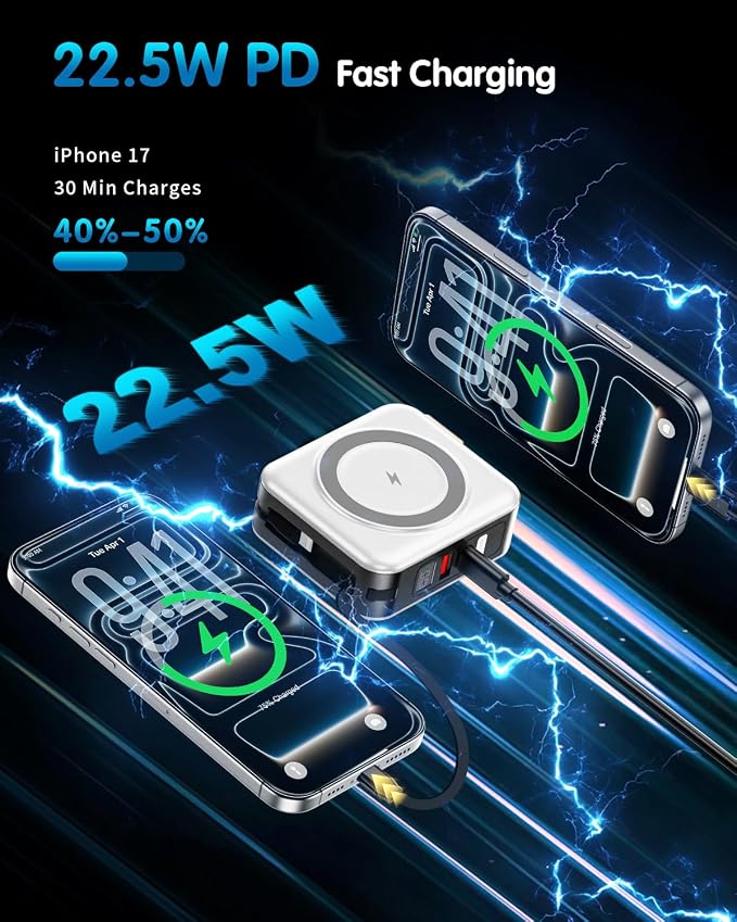10000mAh for Magsafe Portable Charger Built-in Cables & AC Wall Plug,White | 6-in-1,PD 22.5W USB C Fast Charging,15W Magnetic Wireless Charging,Charge 5 devices at once,LED Display Travel Power Bank - Image 6