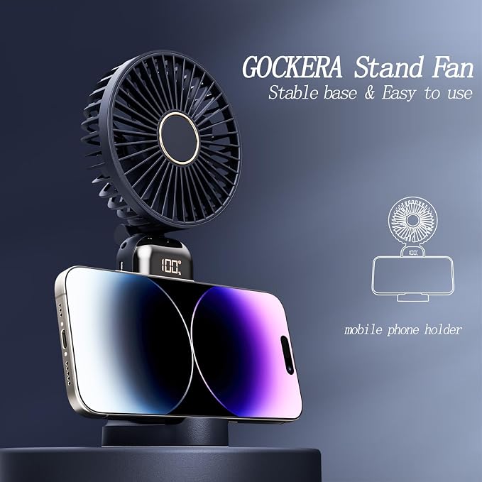 GOCKERA Portable Fan, 4200mAh Battery Operated Fan, 5 Speeds&Digital Display, Makeup Fans for Women with Base, 180°Foldable 3in1 Handheld/Neck/Desk Fan for Outdoor Indoor,Ultra Quiet (Blue) - Image 5