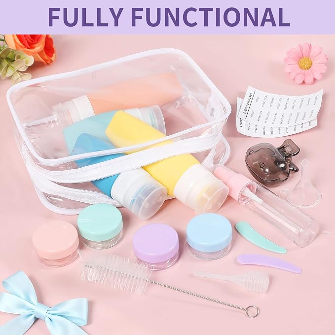 19 Pack Travel Bottles for Toiletries - TSA-Approved Leak-Proof Silicone Containers with Cream Jars Spray Bottles Funnel Brushes & Labels - Portable Refillable Kit for Shampoo Lotion & Conditioner - Image 7