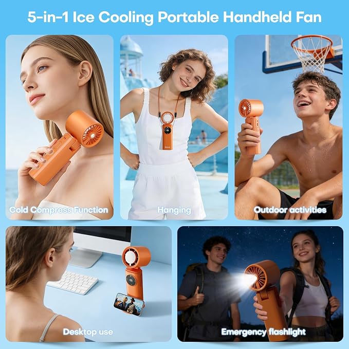 6000mAh Portable Handheld Fan with Ice Cooling, 199 Levels Stepless Speed, 20H Long Battery Life, 20000RPM Turbo Fan Rechargeable Personal Mini Fan for Travel, Outdoor, Makeup (Orange) - Image 6