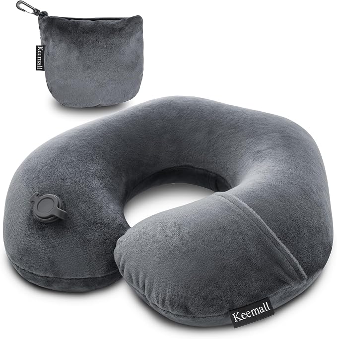 Keemall Inflatable Travel Neck Pillow, Cervical Support for Airplane & Car | Portable Super Soft Foldable Neck Cushion Headrest, Adjustable Support for Plane, Train&Office Naps to Help Relieve Neck Pain by Keemall