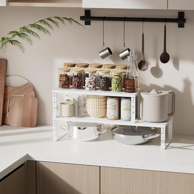 Expandable Spice Rack & Kitchen Cabinet Organizer - Stackable, Adjustable Shelves for Cabinets, Countertops, Cupboards & Pantries(1 Pack/Large/White) - Image 2