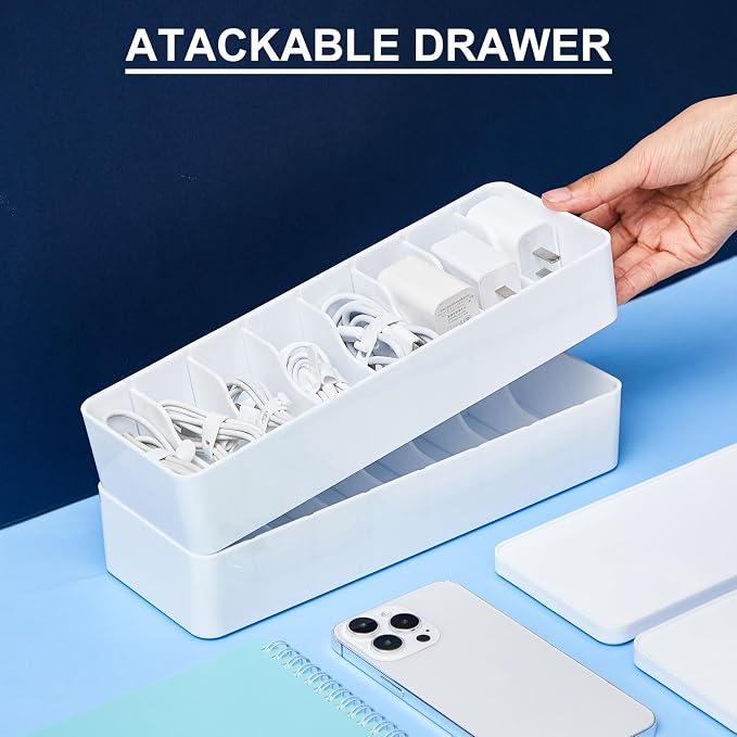 Tatuo 1 Pcs Cord Organizer for Drawer Desktop, Cable Organizer Box with 8 Compartments and Wire Ties, Plastic Charger Storage with Lid, Electronics Case for Home Office Accessories (Small,White) - Image 4
