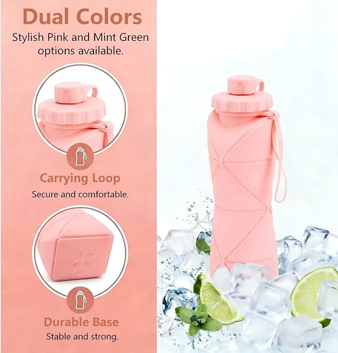Collapsible Water Bottles 20oz (600ml), BPA-Free Silicone Foldable Portable Lightweight Reusable Water Bottle with Leak-Proof Lid & Lanyard for Outdoor Travel Cycling Gym & Camping - Image 4
