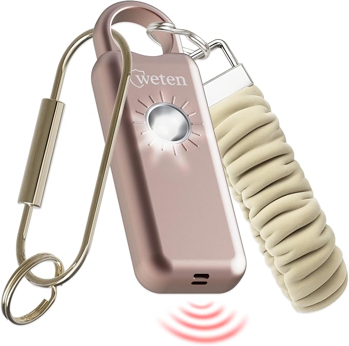 Personal Safety Alarm Keychain for Women, 130dB, LED Light, Metallic Rose | USB-C Rechargeable, Bottom Speaker Siren, Wristlet and Carabiner Clip, Weatherproof, Low Battery Alert by WETEN
