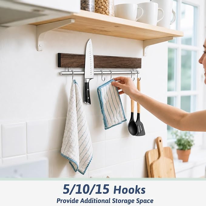 12 Inch Magnetic Knife Holder for Wall - Stainless Steel Magnet Knife Strip No Drill with 5 Hooks/Adhesive Tape/Screws, Wall Mounted Kitchen Utensil Holder, Walnut-Finish Magnetic Knife Organizer - Image 4