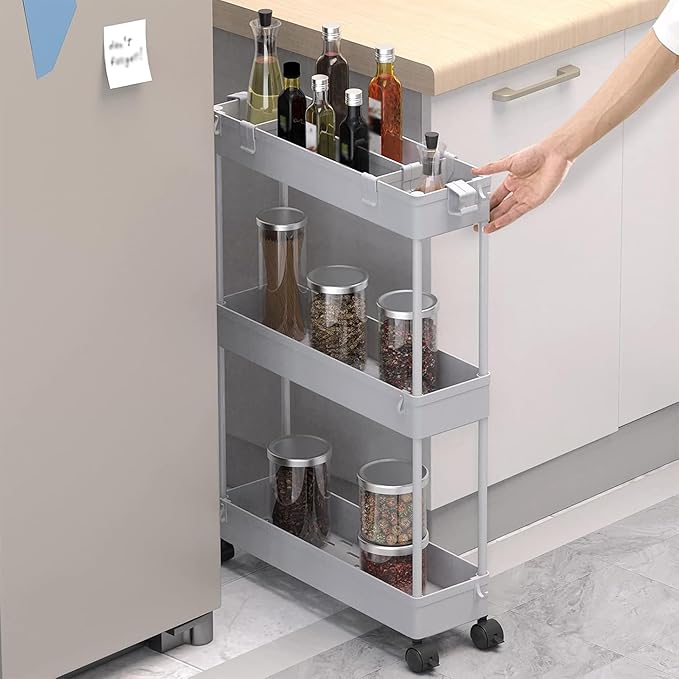 2-piece Set Slim Storage Cart 3 Tier,Bathroom Organizer Rolling Utility,Mobile Shelving Unit Slide Out for Office, Kitchen, Laundry Room & Narrow Places - Image 4